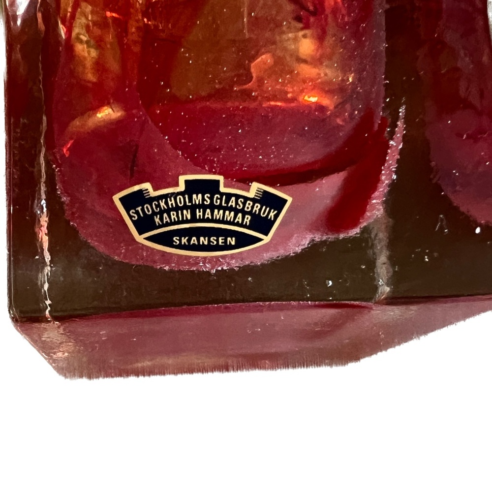 Signed Stockholms Glasbruk Karin Hammar Skansen Art Glass Votive Candle Red Sq - Picture 5 of 10